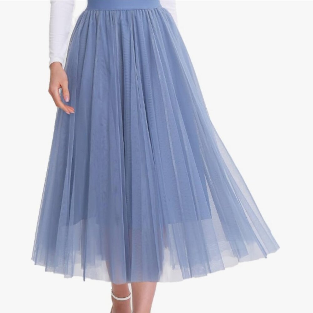 Women’s Tulle Skirts Midi Elastic High Waist Pleated Mesh A-Line Skirt  Small
